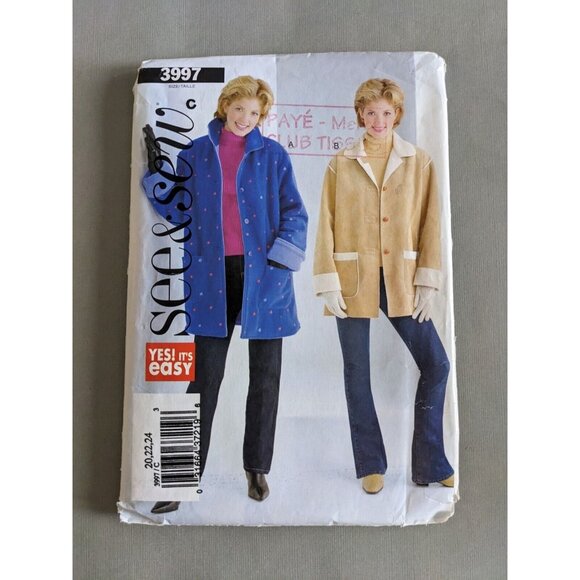 See Sew Loose Fitting Coat Jacket Pattern 3997 Sizes 20 22 24 Easy Uncut - Picture 1 of 8